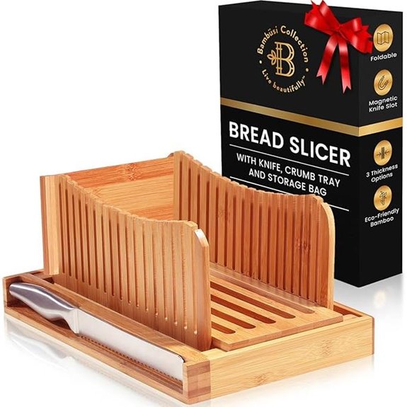 Adjustable Bamboo Bread Slicer with Guide and Crumb Tray