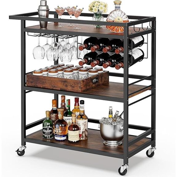 Leteuke 3-Tier Black Rolling Bar Cart with Wine Rack