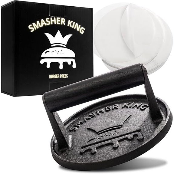 SMASHER KING™ Cast Iron Burger Press with Patty Paper