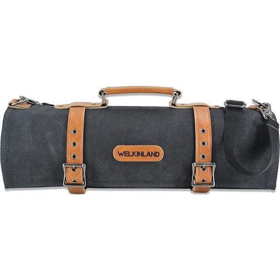 WELKINLAND 14-Pocket Canvas Leather Knife Roll Bag