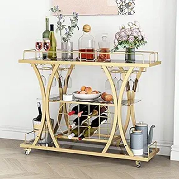 Gold Bar Cart with Glass Holders & Wine Rack