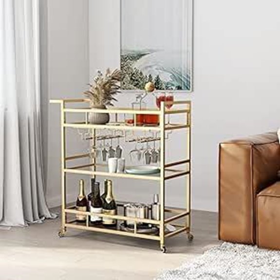 Gold Bar Cart with Glass Shelves and Wine Rack