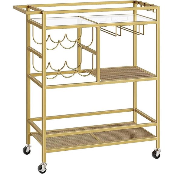 3-Tier Gold Bar Cart with Wheels and Wine Storage
