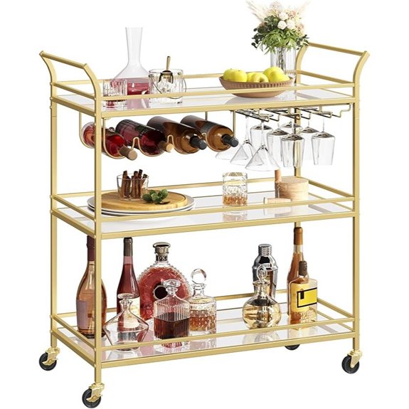 VASAGLE Gold Bar Cart with Mirrored Shelves and Holders