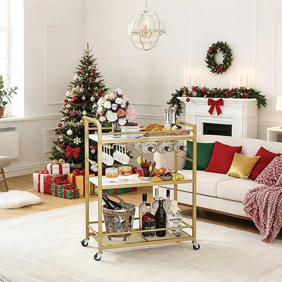 3-Tier Gold Rolling Bar Cart with Wine Rack
