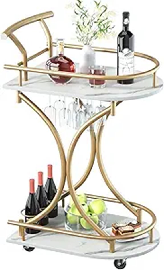 Gold 2-Tier Rolling Bar Cart with Wine Rack