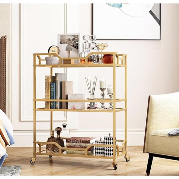 Gold Square Bar Cart with Glass Shelves on Wheels