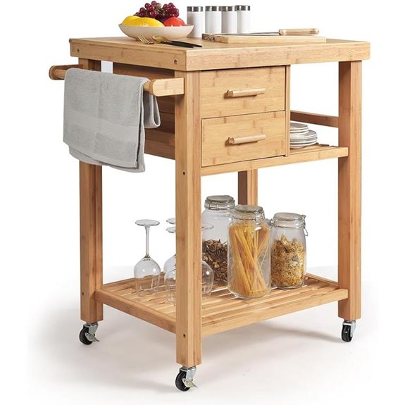 Rolling Bamboo Kitchen Island with Drawers and Shelves