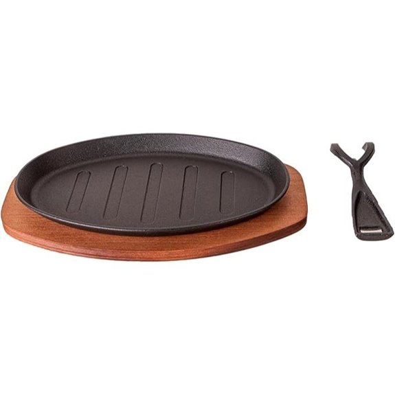 Oval Cast Iron Steak Sizzle Plate with Wooden Base