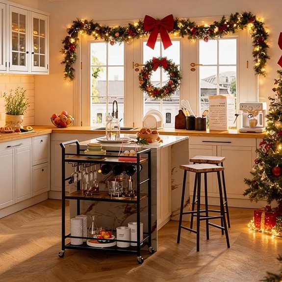 Rustic Brown Rolling Bar Cart with Glass Holders
