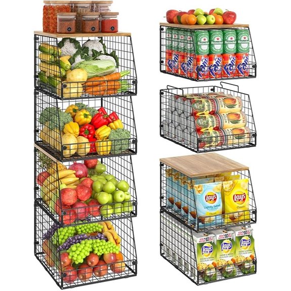 4 Pack Stackable Wire Baskets with Wooden Top