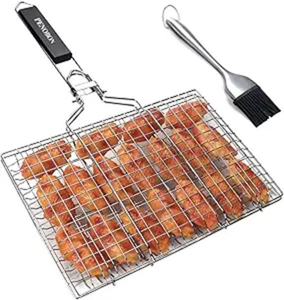 Folding Stainless Steel Fish Grill Basket with Basting Tool