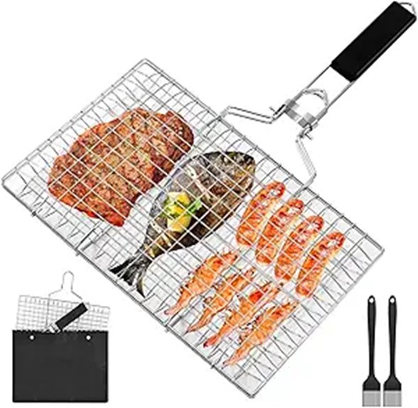 Folding Stainless Steel Fish Grill Basket with Basting Brushes