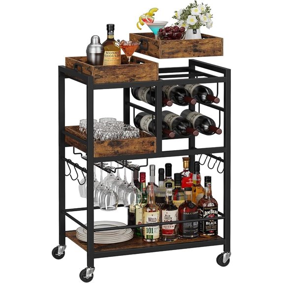 TUTOTAK 3-Tier Rolling Bar Cart with Wine Rack
