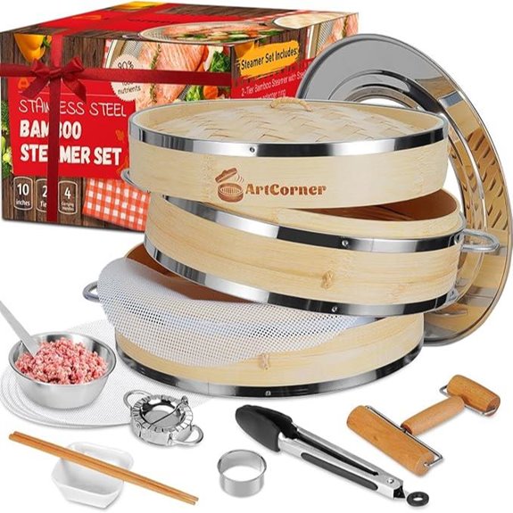 2-Tier Bamboo Steamer Basket Set for Cooking
