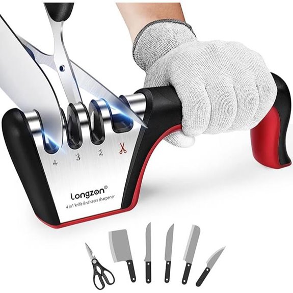 Longzon 4-in-1 Kitchen Knife Sharpener with Gloves