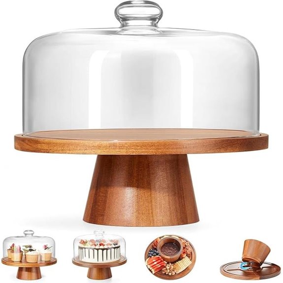 Wooden Cake Stand with Glass Dome and Lid