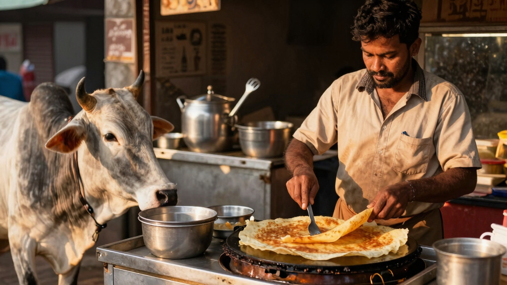 Dosa seller prepares Dosa for Cow that regularly visits his stall