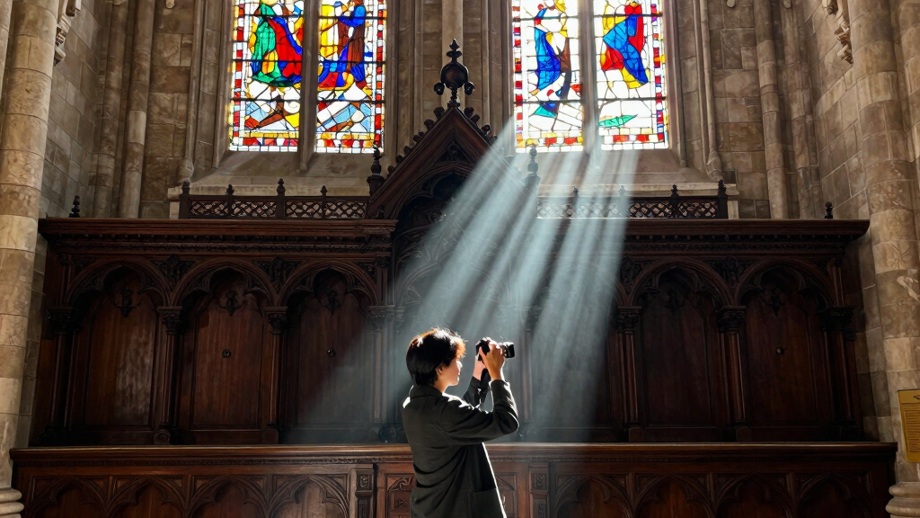 a beam of white light carves through paris’ historical chapel
