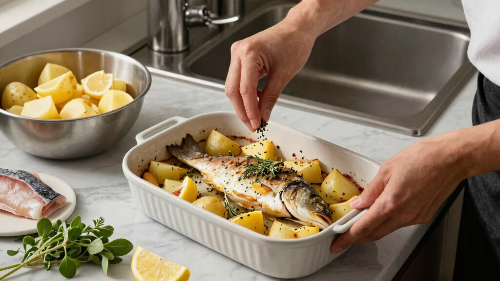 Rachel Roddy’s recipe for baked fish and potatoes with oregano and lemon mayonnaise | A kitchen in Rome